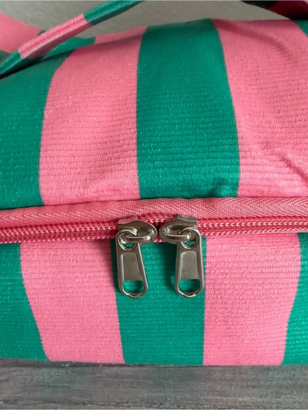 Bubblegum Pink & Green Striped Canvas Large Zip Handle Cosmetic Bag Tote Pockets